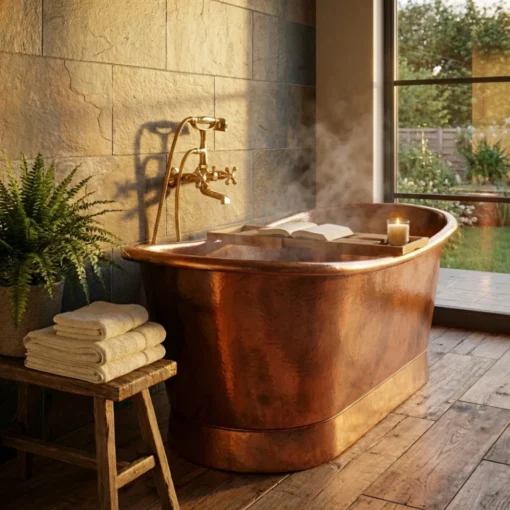 Hammered copper freestanding tub steaming, brass tub faucet, wooden tray with open book and lit candle, folded towels on a stool beside a window.