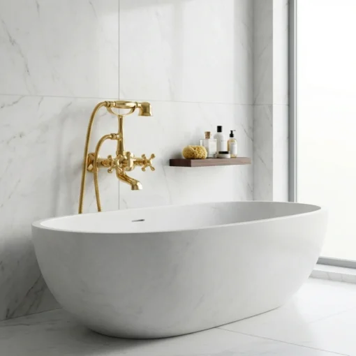 Freestanding white marble bathtub with a gold brass wall-mounted faucet and a wooden shelf holding bath products.