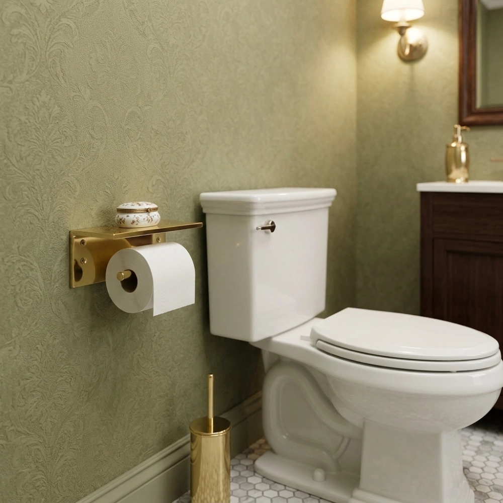 White toilet with closed lid next to a brass wall-mounted toilet roll holder and matching brush against green patterned wallpaper