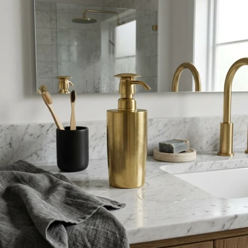 Brass soap dispenser on white marble bathroom counter with matching brass faucet, toothbrushes in black cup, and gray towel.