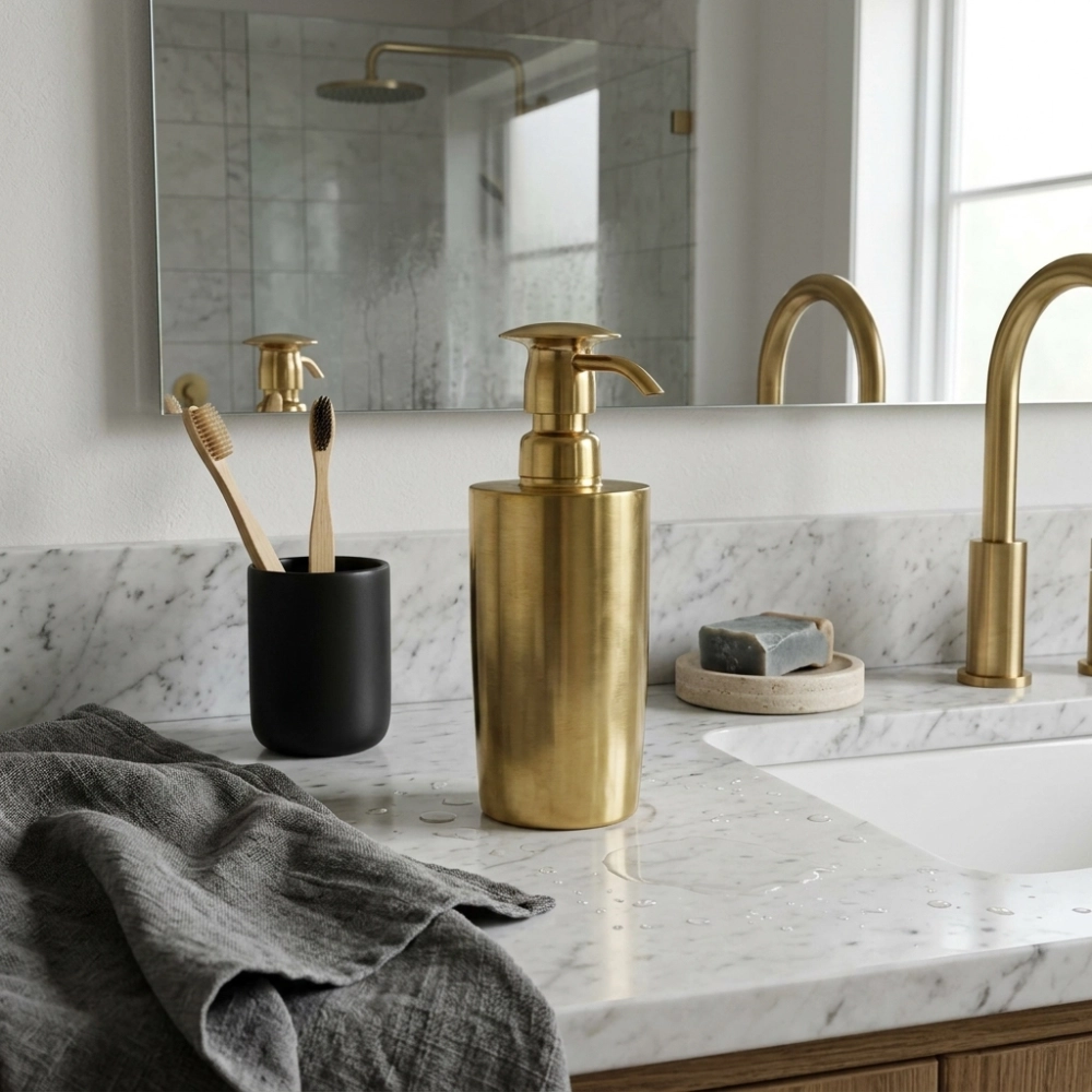 Brass soap dispenser on white marble bathroom counter with matching brass faucet, toothbrushes in black cup, and gray towel.