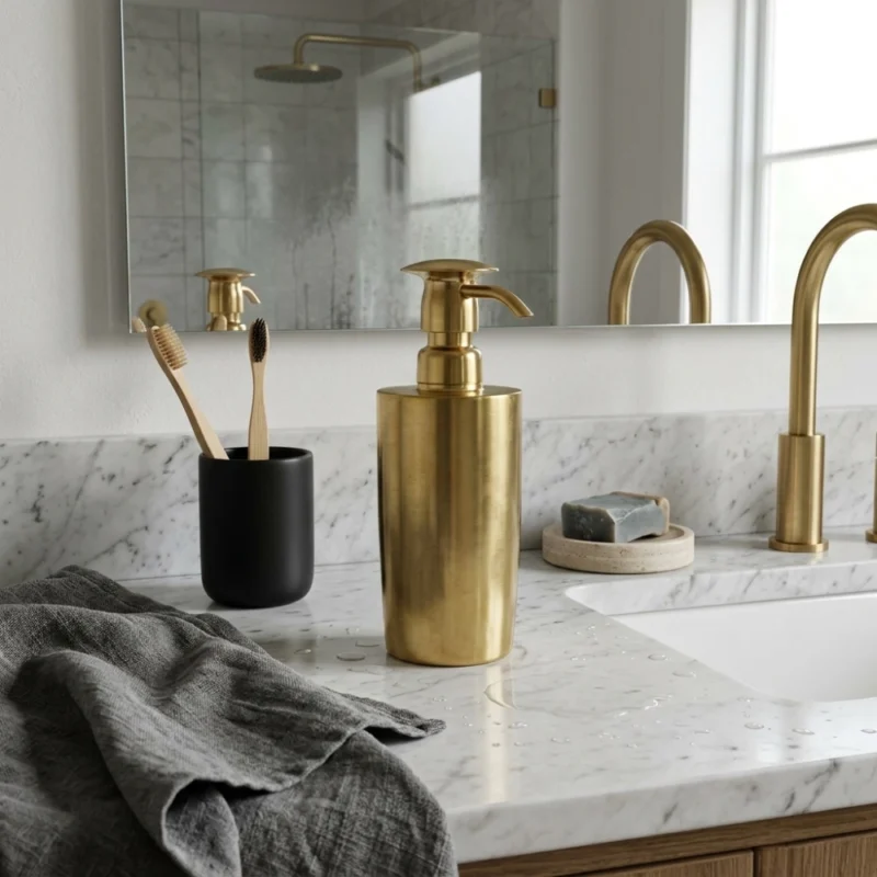 Brass soap dispenser on white marble bathroom counter with matching brass faucet, toothbrushes in black cup, and gray towel.