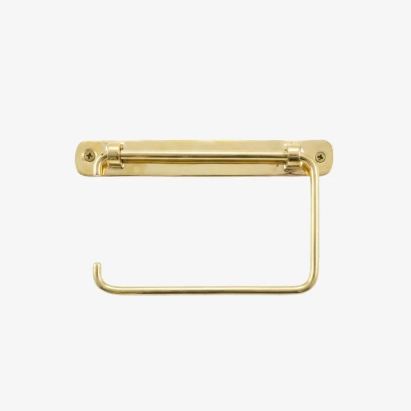 Brass wall-mounted toilet paper holder with rectangular mounting plate, two screws, and an open-ended polished horizontal bar