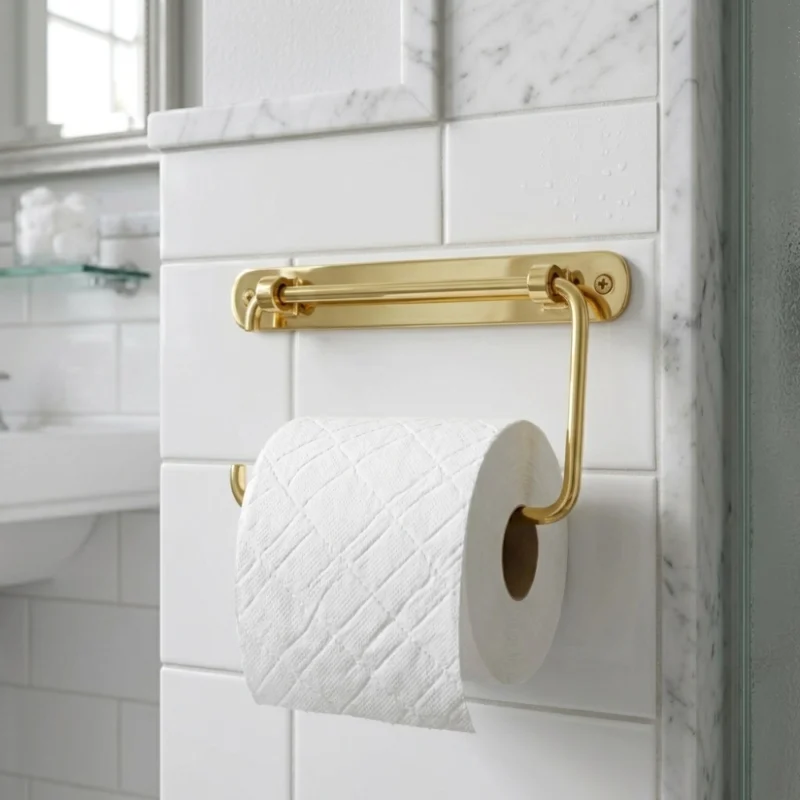 unlacquered brass wall-mounted toilet paper holder with a white embossed roll on glossy white subway tile and marble trim.