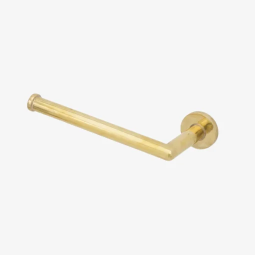 Wall-mounted unlacquered brass L-shaped single-arm toilet paper holder with round wall flange.