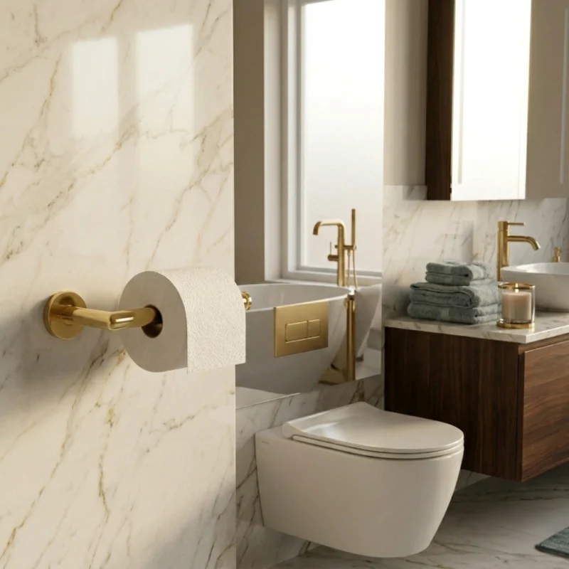 Gold wall-mounted toilet paper holder with roll on white marble wall in modern bathroom with floating toilet.