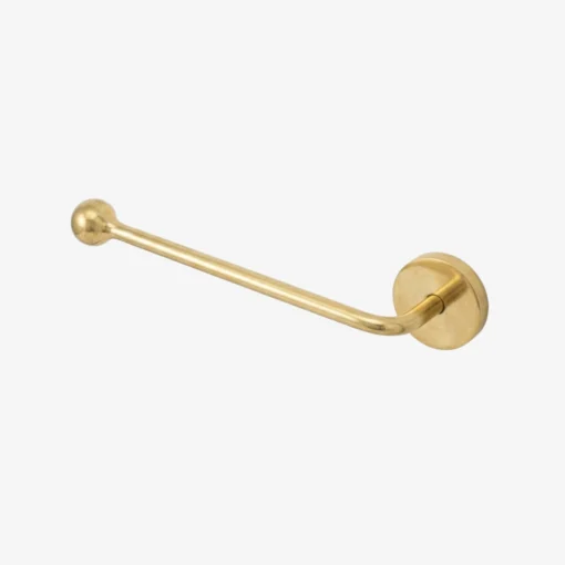 Wall-mounted brass toilet-paper holder with round wall plate and single curved arm ending in a ball on white background.