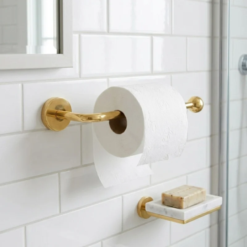 White toilet paper roll on a gold/brass wall-mounted holder against white subway tile, with a marble soap dish below.