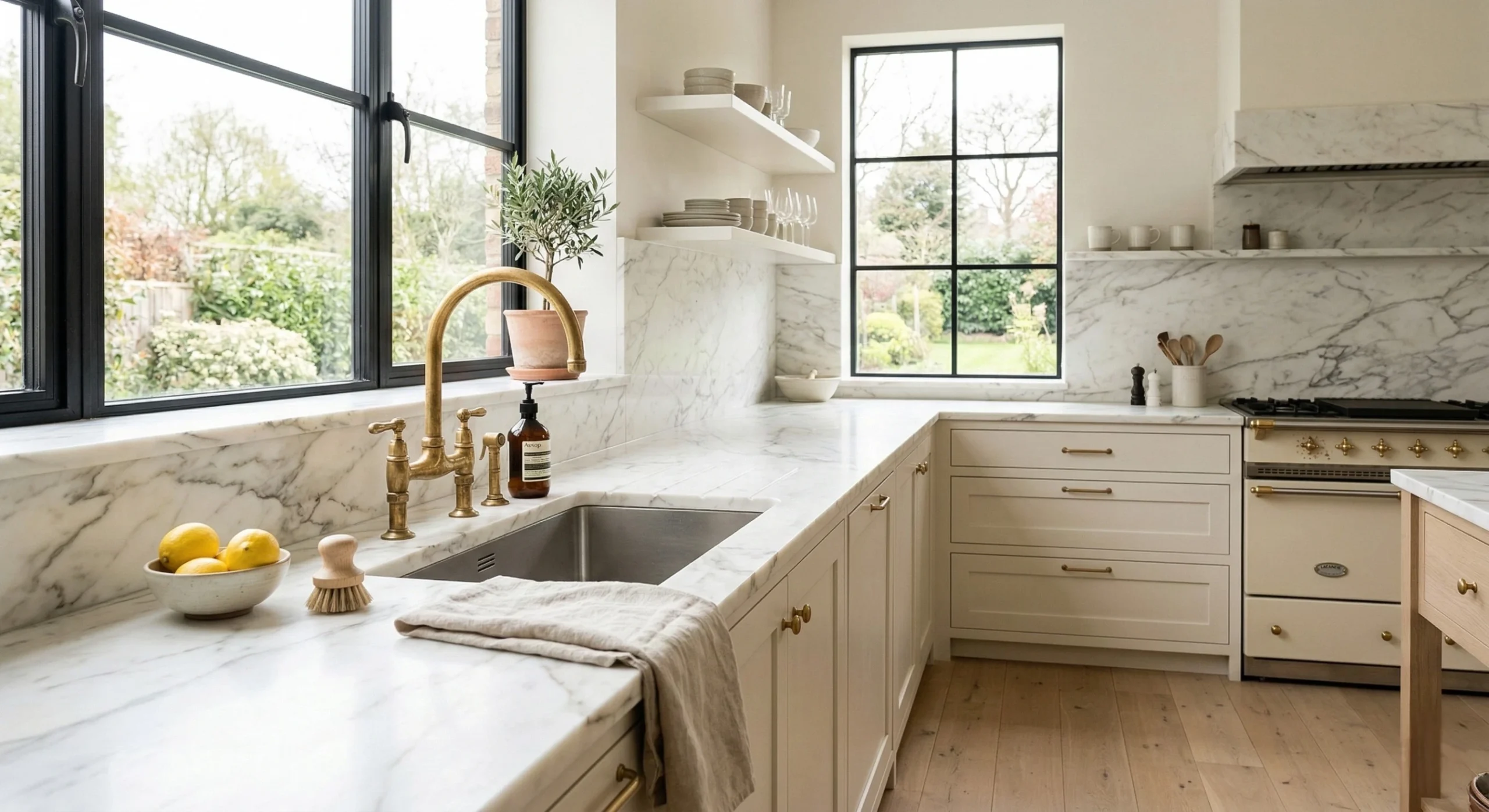 Bright marble kitchen with brass faucet, undermount sink, white cabinetry, open shelves, and garden-view black-framed windows.
