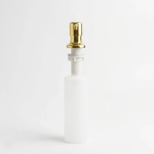 Tall white plastic soap dispenser bottle with a shiny brass pump top on a plain white background.