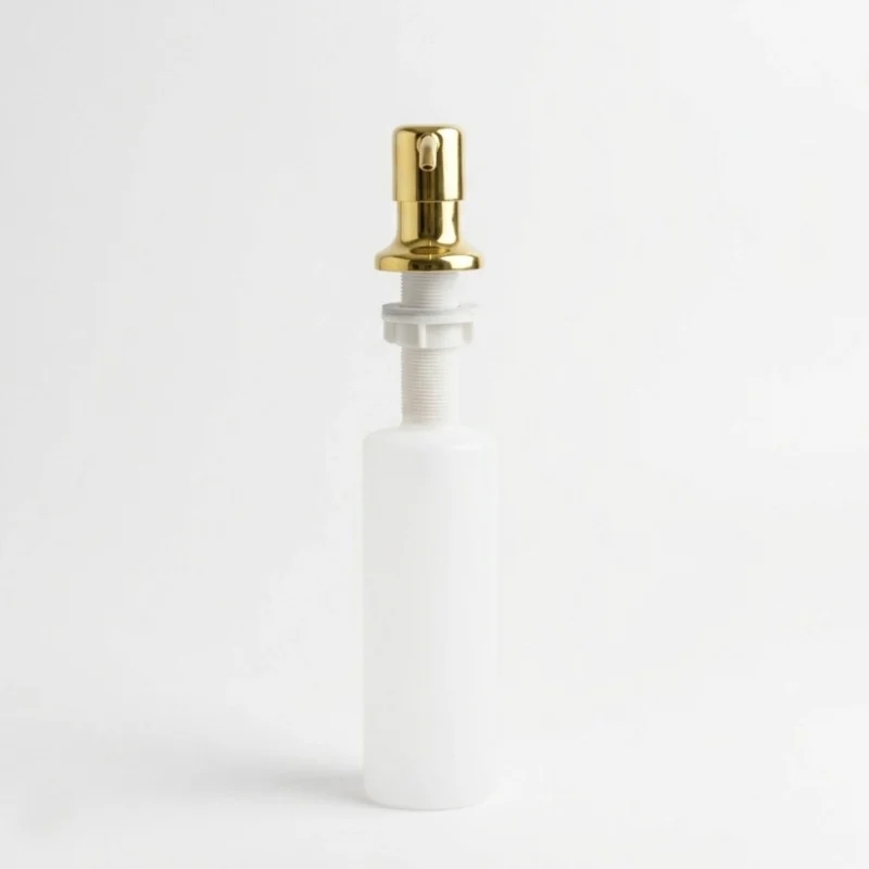 Tall white plastic soap dispenser bottle with a shiny brass pump top on a plain white background.