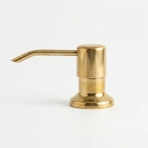 Brass soap lotion dispenser pump head with angled spout on a white background.