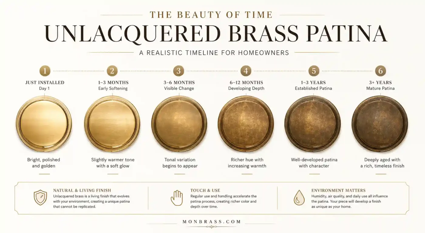 Timeline infographic showing how unlacquered brass develops patina from bright polished brass on day one to a rich, mature aged finish over several years.