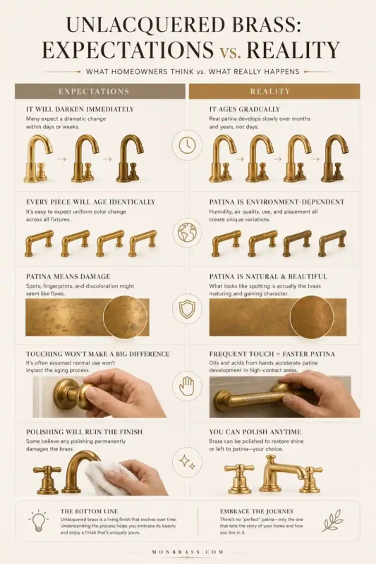 Educational infographic comparing common misconceptions about unlacquered brass patina with the actual aging process, including touch, polishing, and environmental effects.