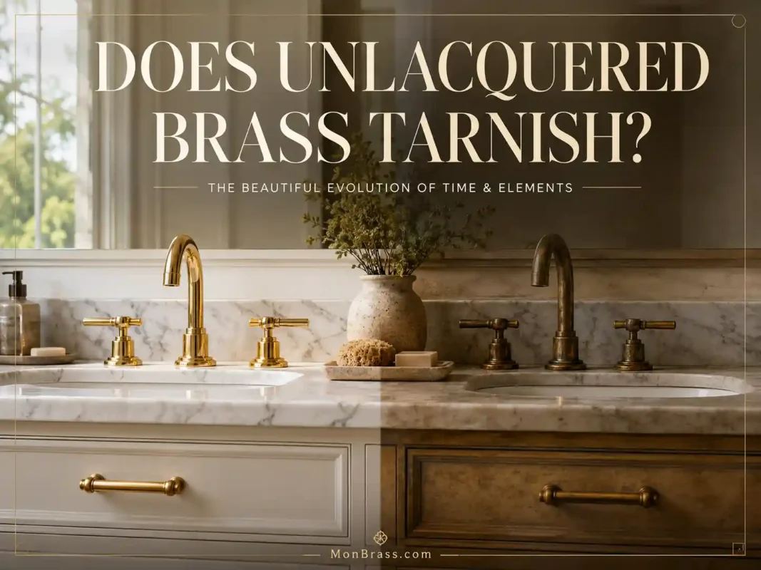 Side-by-side bathroom faucets showing bright new unlacquered brass and naturally aged brass patina to illustrate how unlacquered brass changes over time.