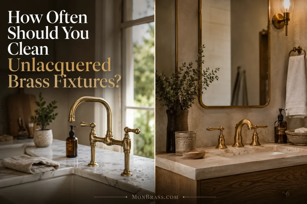 Luxury kitchen and bathroom featuring unlacquered brass faucets, illustrating how often unlacquered brass fixtures should be cleaned for proper maintenance and natural patina development.
