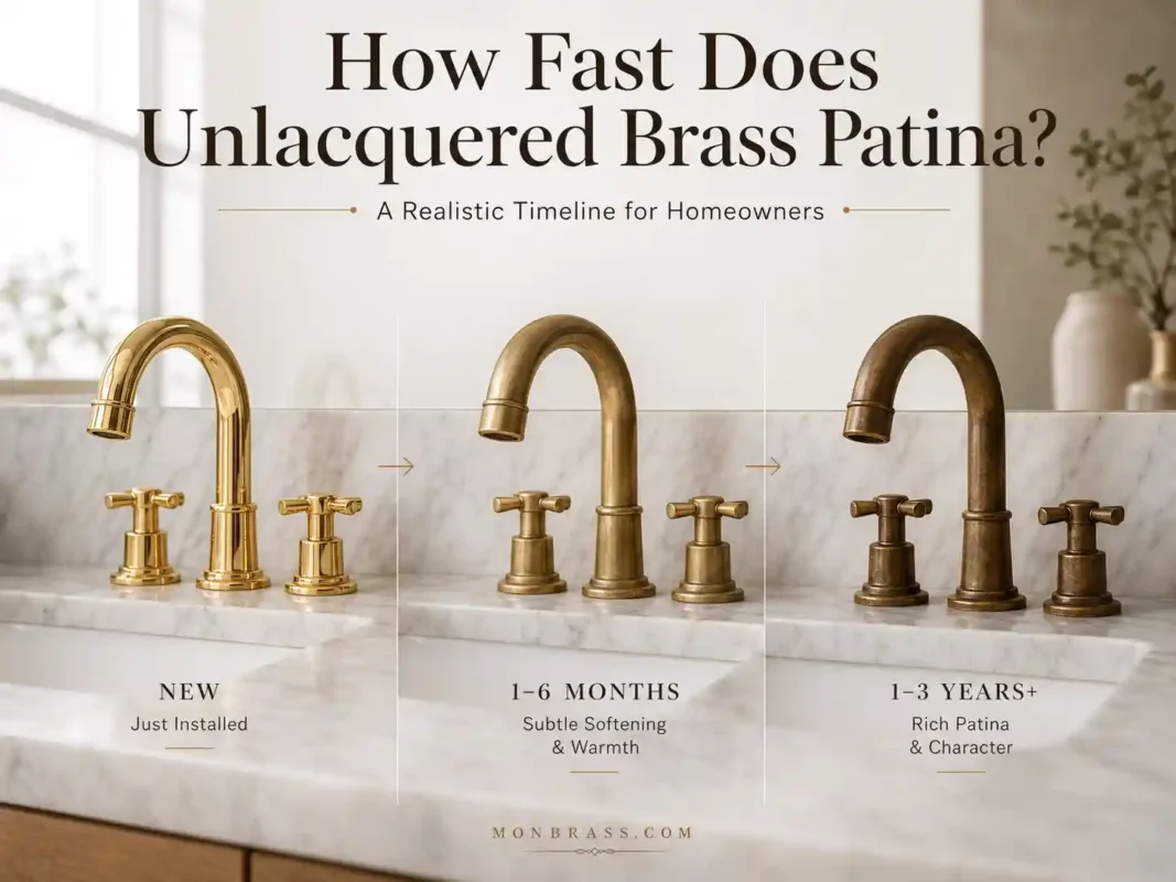 Bathroom faucet progression showing new unlacquered brass, early patina after several months, and a rich aged patina after years of natural use.
