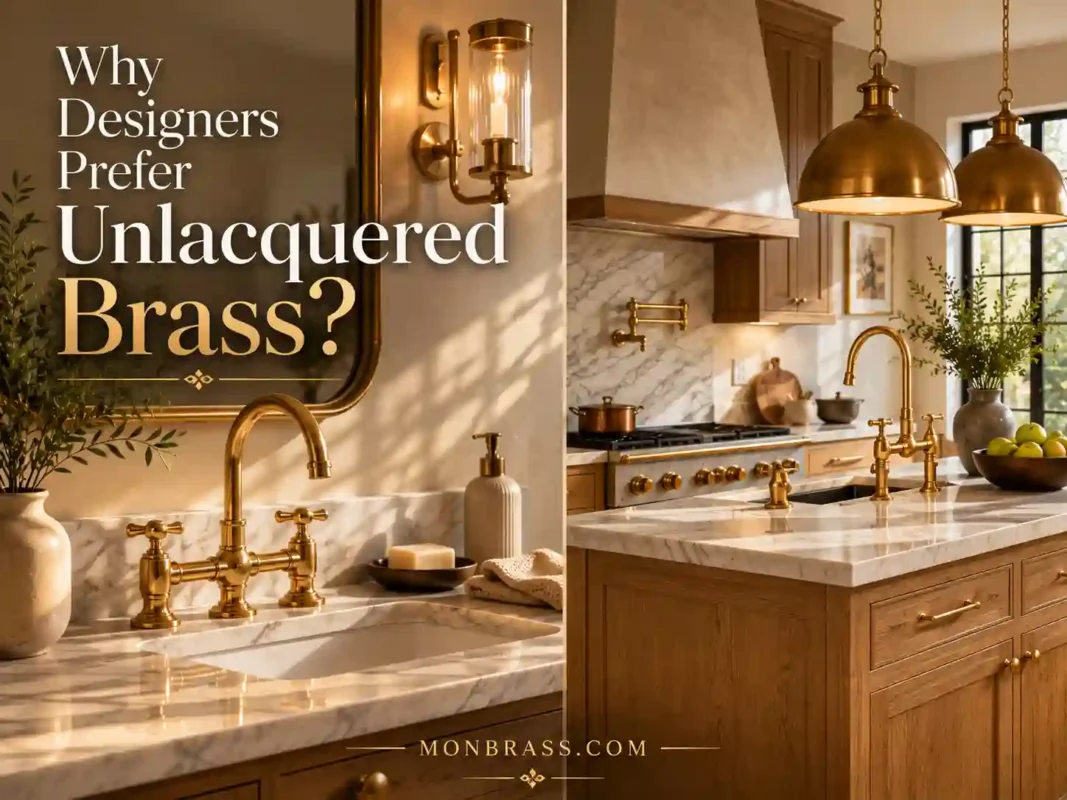 Luxury bathroom and kitchen interiors featuring unlacquered brass faucets, lighting, and hardware that showcase the warmth, character, and timeless appeal of living brass finishes.