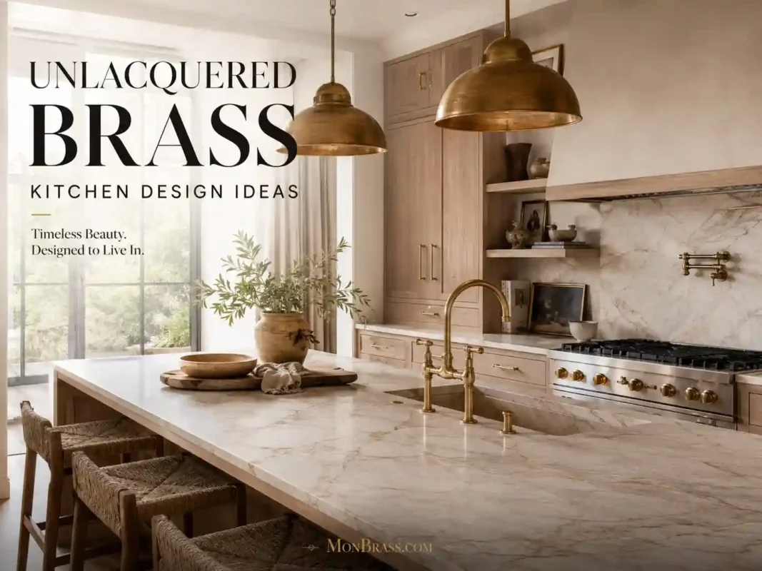 Elegant kitchen featuring unlacquered brass pendant lights, faucet, cabinet hardware, and pot filler paired with white marble countertops and natural wood cabinetry.