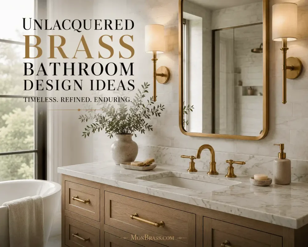 Elegant bathroom with unlacquered brass faucet, brass-framed mirror, brass wall sconces, marble countertop, and white oak vanity showcasing timeless bathroom design.