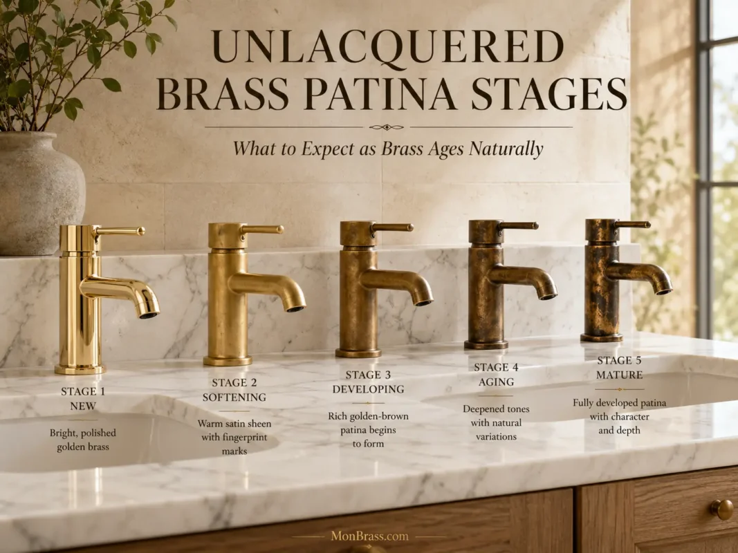 Five stages of unlacquered brass patina development showing a bathroom faucet aging from bright polished gold brass to a dark mature patina with rich character and depth.