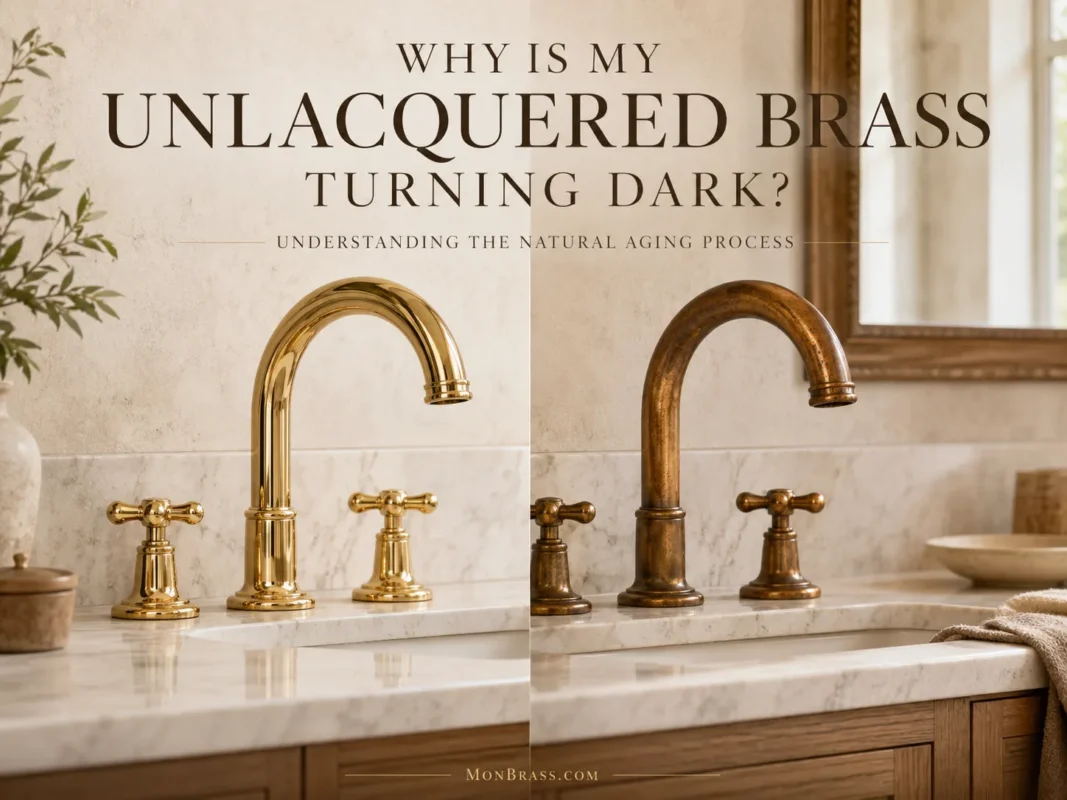 Comparison of a new unlacquered brass bathroom faucet and a naturally darkened brass faucet showing the patina process that develops over time.