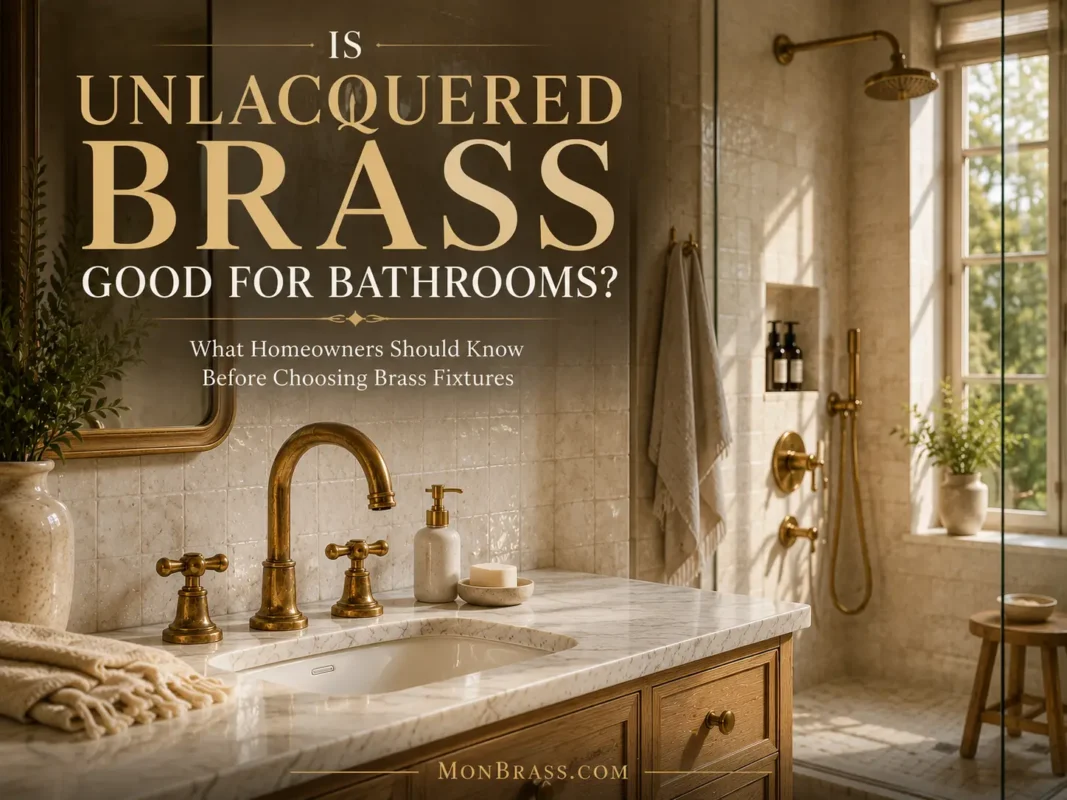 Luxury bathroom featuring unlacquered brass faucet, shower fixtures, and accessories, demonstrating how natural brass complements warm, timeless bathroom designs.