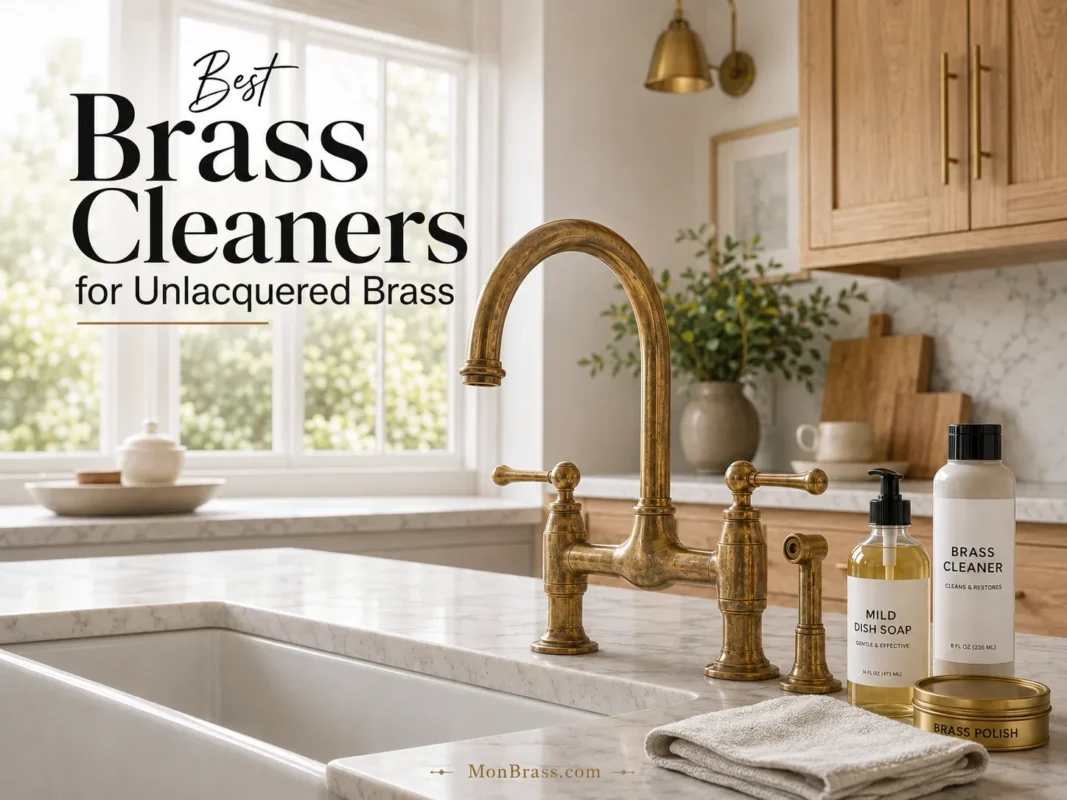 Unlacquered brass kitchen faucet with mild dish soap, brass cleaner, brass polish, and microfiber cloth for safe cleaning and maintenance.