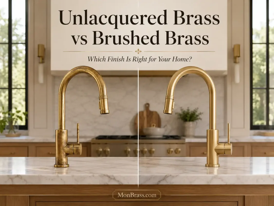 Side-by-side comparison of unlacquered brass and brushed brass kitchen faucets showing the difference between a living patina finish and a consistent brushed finish in a modern kitchen.