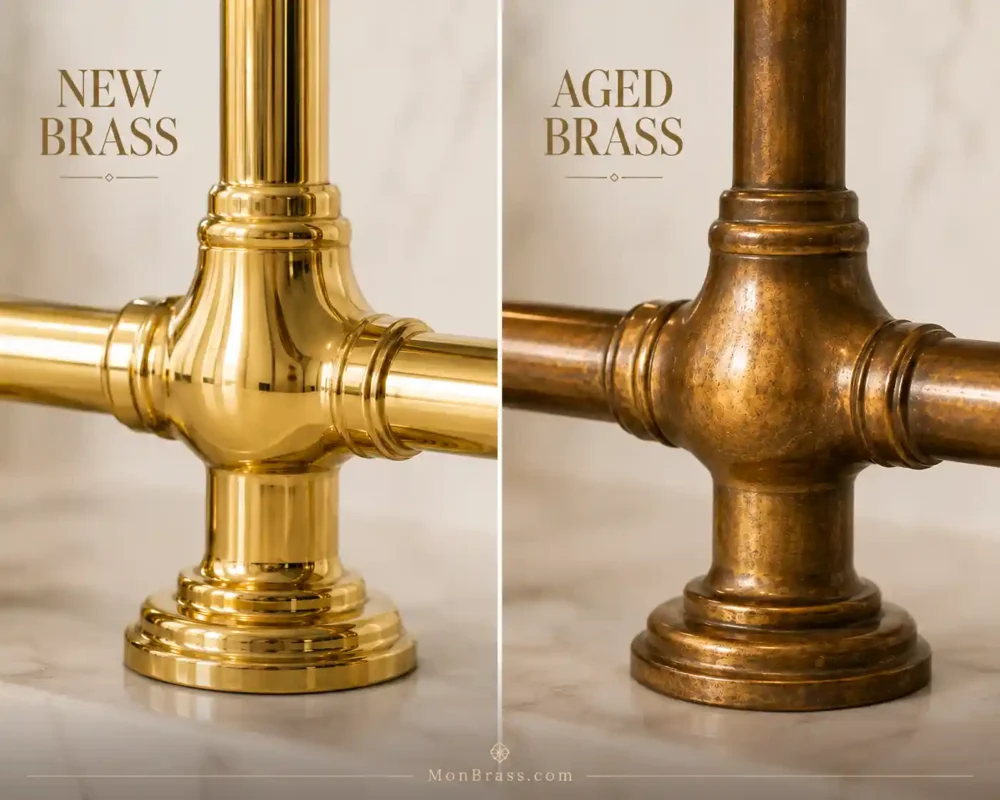Close-up comparison of polished new unlacquered brass and aged brass with rich brown patina, highlighting the natural aging process of brass.