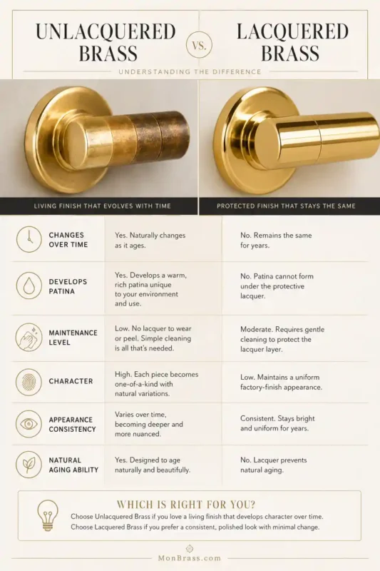 Educational infographic comparing unlacquered brass and lacquered brass finishes, including patina development, maintenance, aging, and appearance differences.