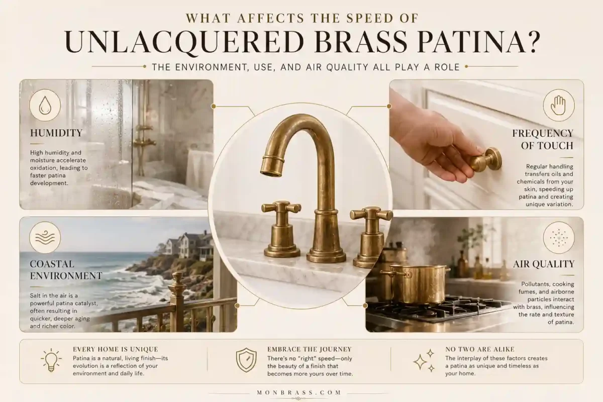 Infographic illustrating how humidity, touch frequency, coastal environments, and air quality affect the speed and appearance of unlacquered brass patina.