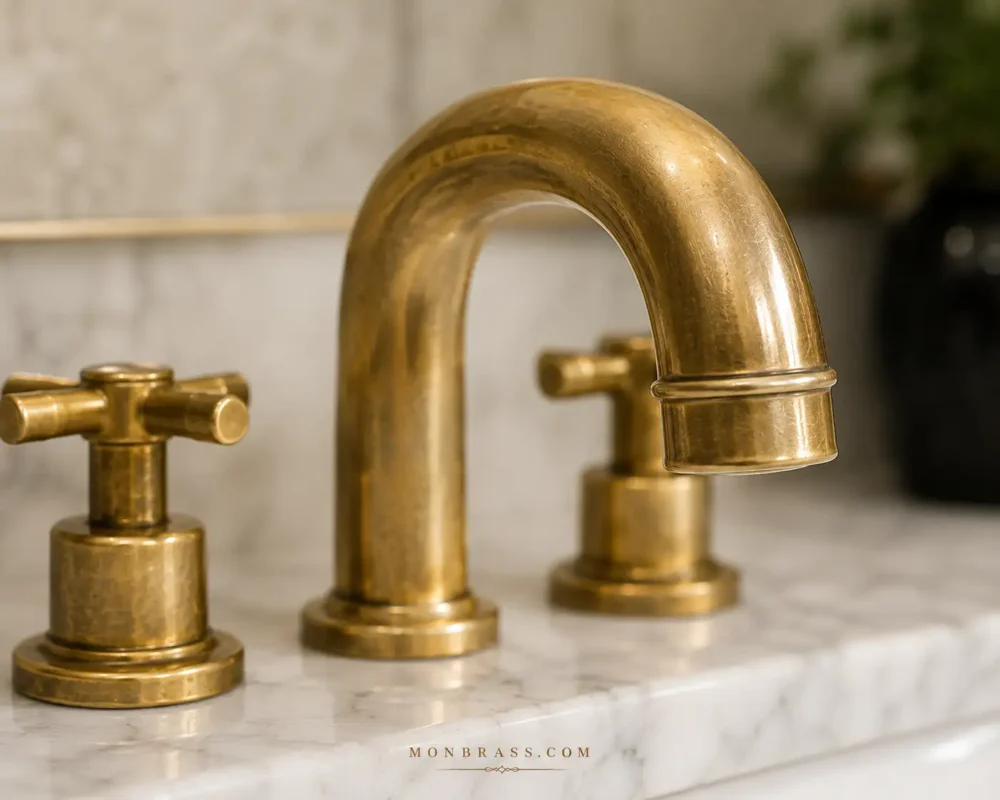 Close-up of an unlacquered brass faucet with subtle early patina, showing soft color variation and gentle aging while retaining much of its original warmth.