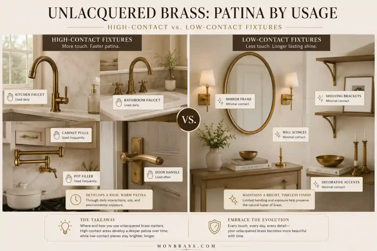 Comparison infographic showing high-contact unlacquered brass fixtures such as faucets, cabinet pulls, and door handles versus low-contact decorative brass accents and shelving brackets.