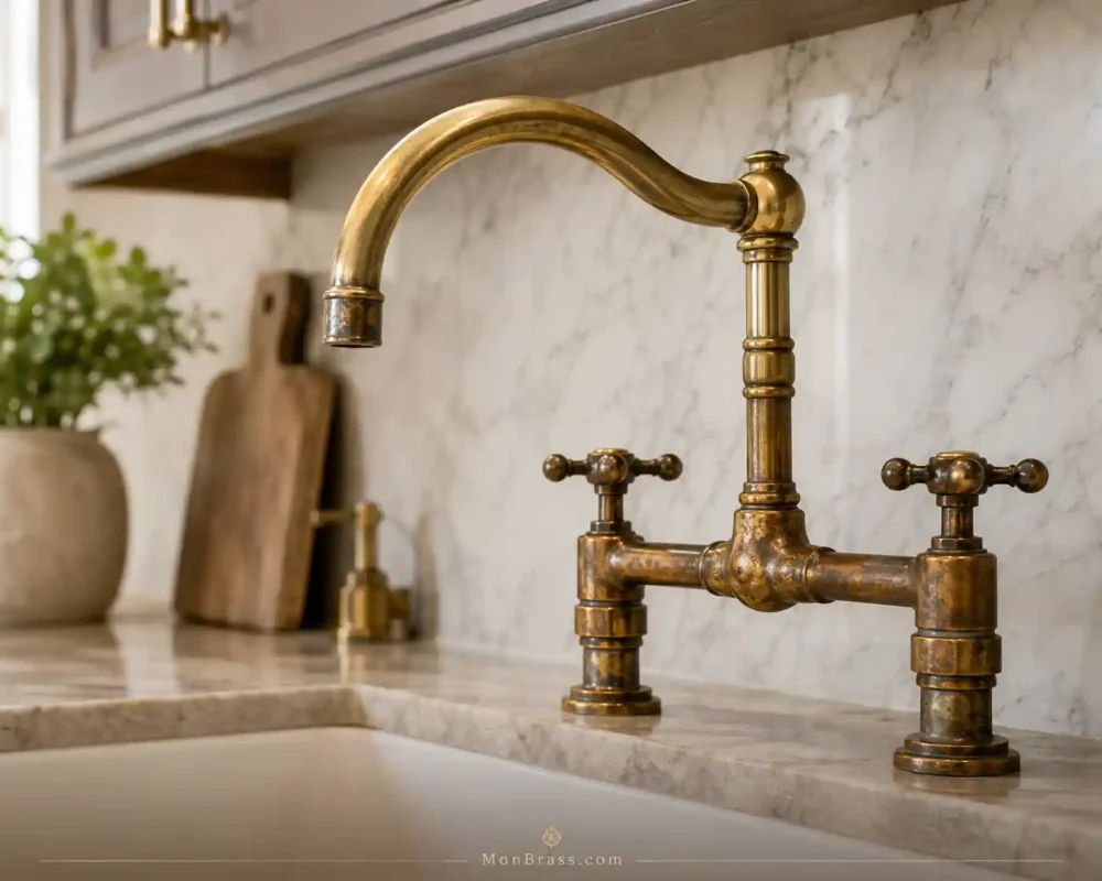 Unlacquered brass kitchen faucet with a developed patina finish, showing the natural color changes and aging that occur with exposure to air, moisture, and use.