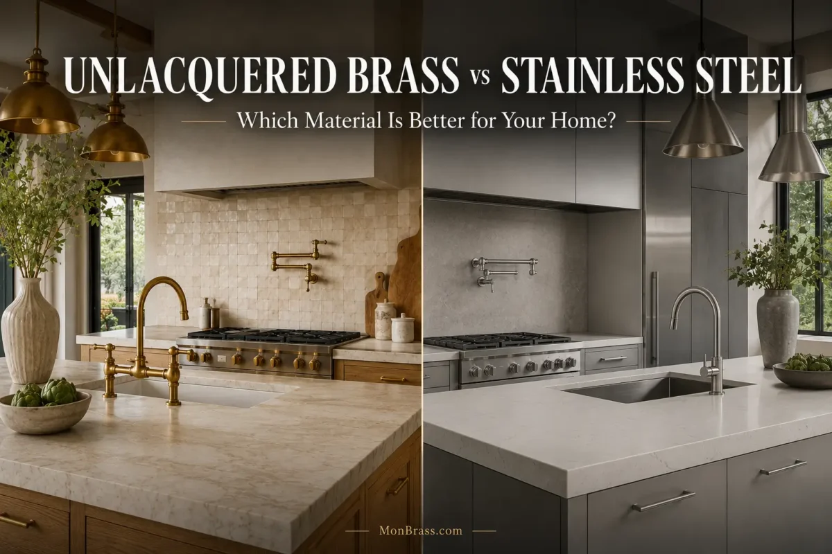 Luxury kitchen comparison featuring unlacquered brass and stainless steel faucets, highlighting the visual differences between these two popular kitchen faucet materials.