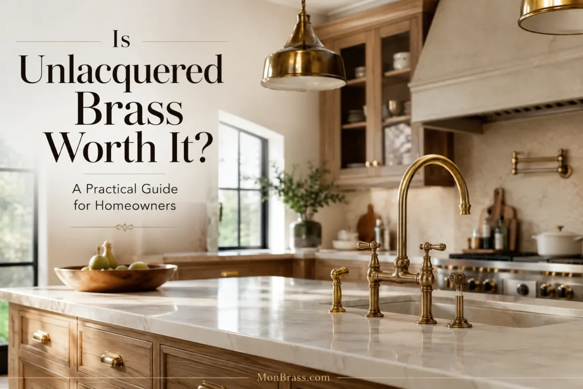 Luxury kitchen with an unlacquered brass bridge faucet installed on a marble island, illustrating the timeless appeal of solid brass fixtures.