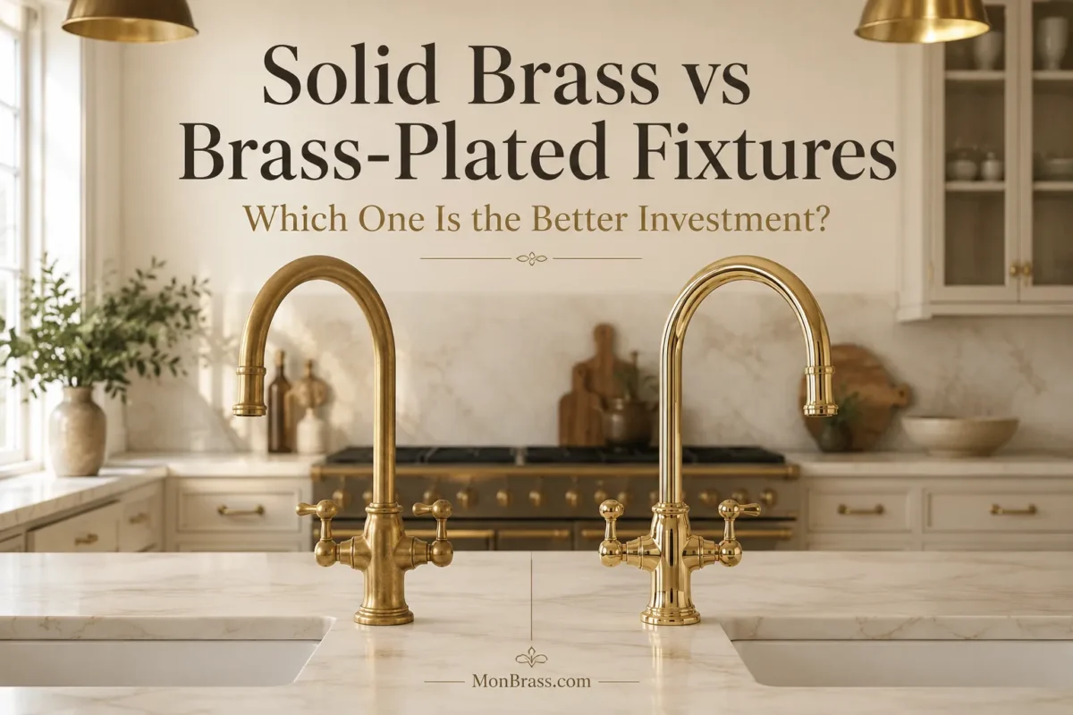 Side-by-side comparison of a solid brass faucet with natural patina and a brass-plated faucet with a polished finish in a luxury kitchen.