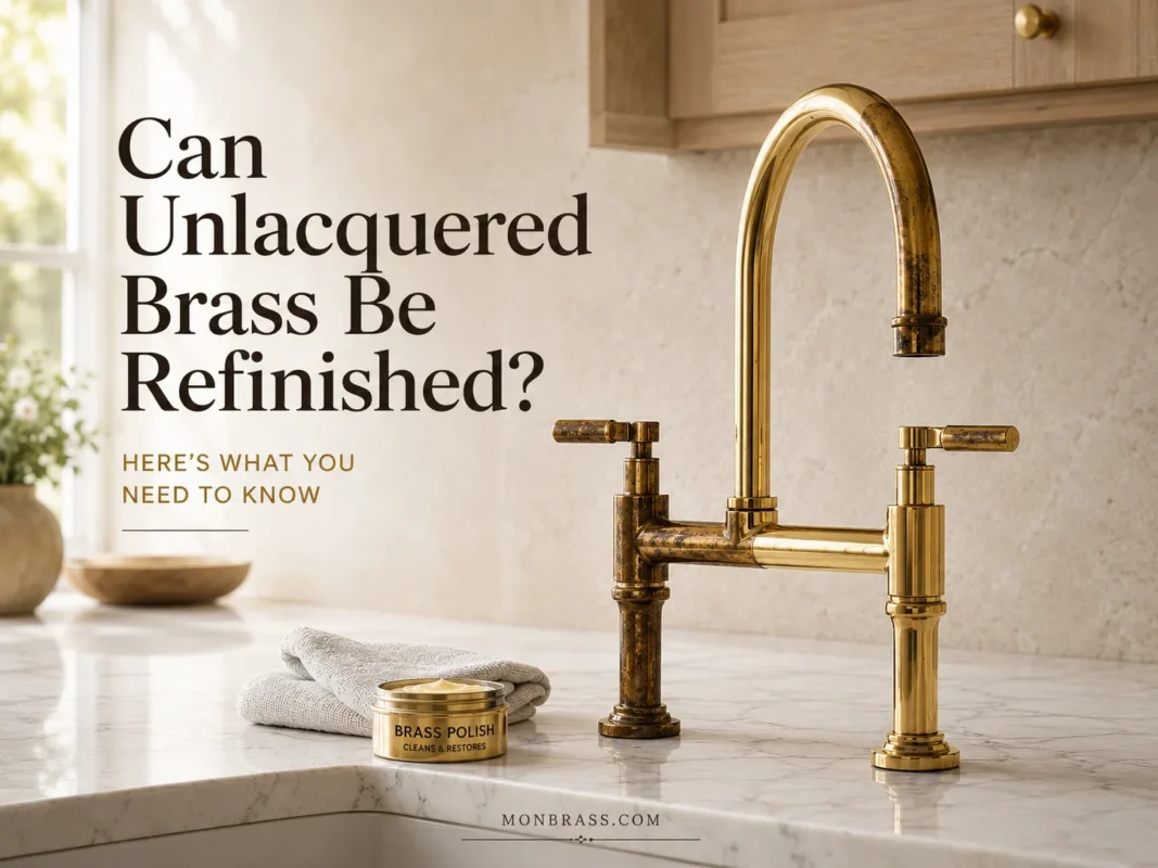 Unlacquered brass bridge kitchen faucet with natural patina beside brass polish and a microfiber cloth, illustrating that solid brass can be restored to a brighter finish.