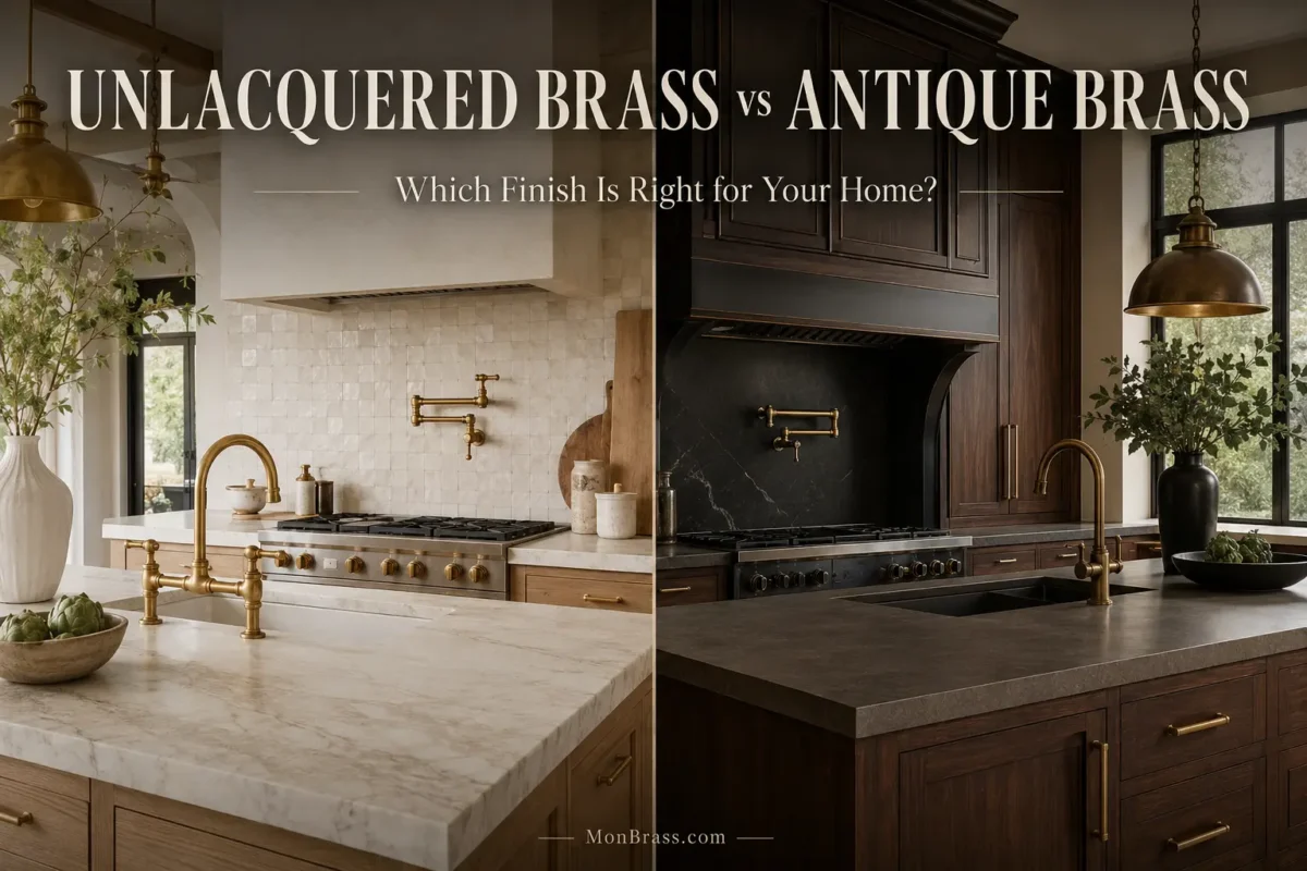 Luxury kitchen comparison featuring unlacquered brass and antique brass faucets, illustrating the visual differences between the two brass finishes for kitchens and bathrooms.
