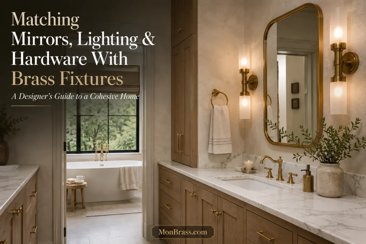 Luxury bathroom featuring brushed brass faucet, brass-framed mirror, brass wall sconces, and matching cabinet hardware for a cohesive interior design.