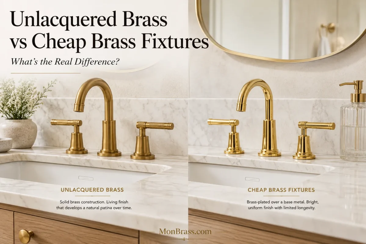 Side-by-side comparison of an unlacquered solid brass faucet and a lower-cost brass-plated faucet, highlighting differences in finish, materials, and long-term durability.