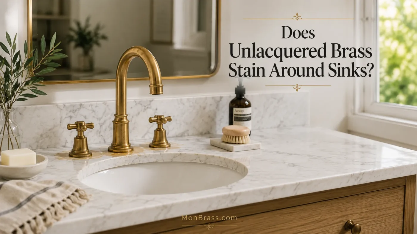 Unlacquered brass farmhouse sink and faucet with a natural patina installed on a white marble countertop in a modern kitchen.