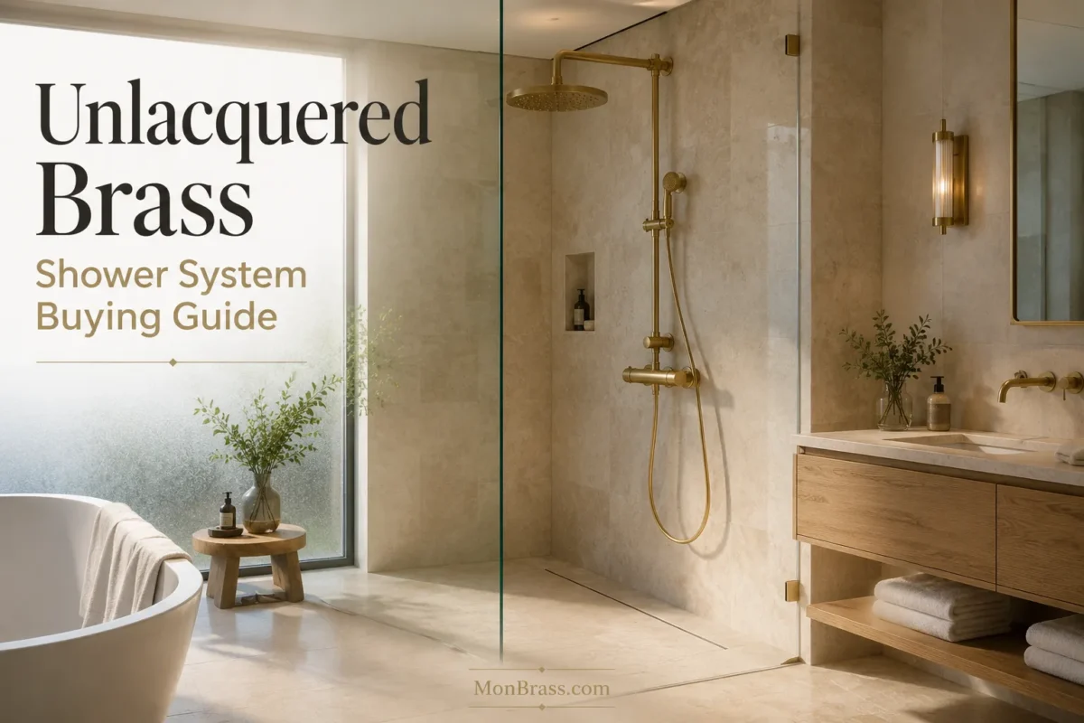Luxury bathroom featuring an unlacquered brass shower system with rainfall shower head, handheld shower, and modern walk-in shower design.