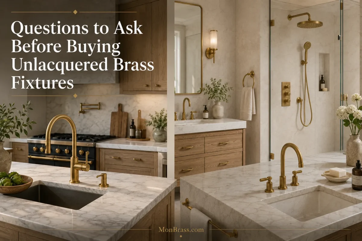 Luxury kitchen and bathroom featuring unlacquered brass faucets, shower system, and fixtures in a modern home with marble countertops and natural wood cabinetry.