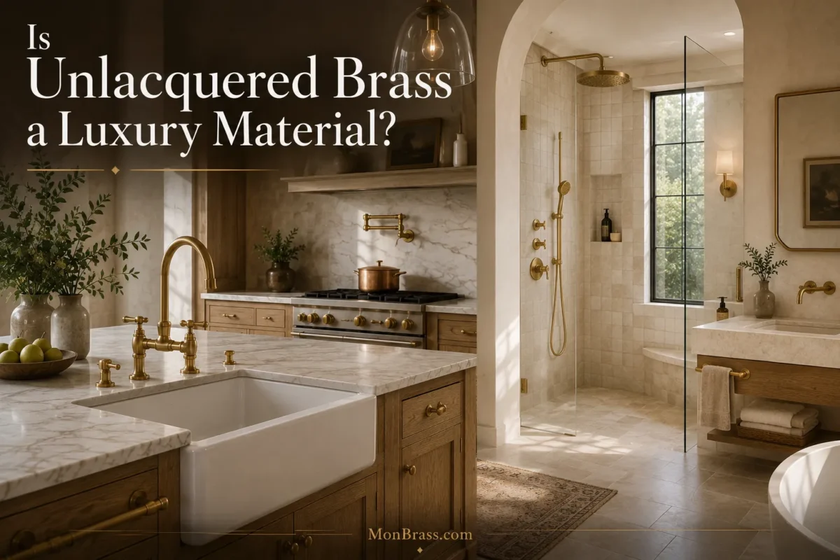 Luxury kitchen and spa-inspired bathroom featuring unlacquered brass faucet, shower fixtures, and premium brass hardware in a timeless home design.