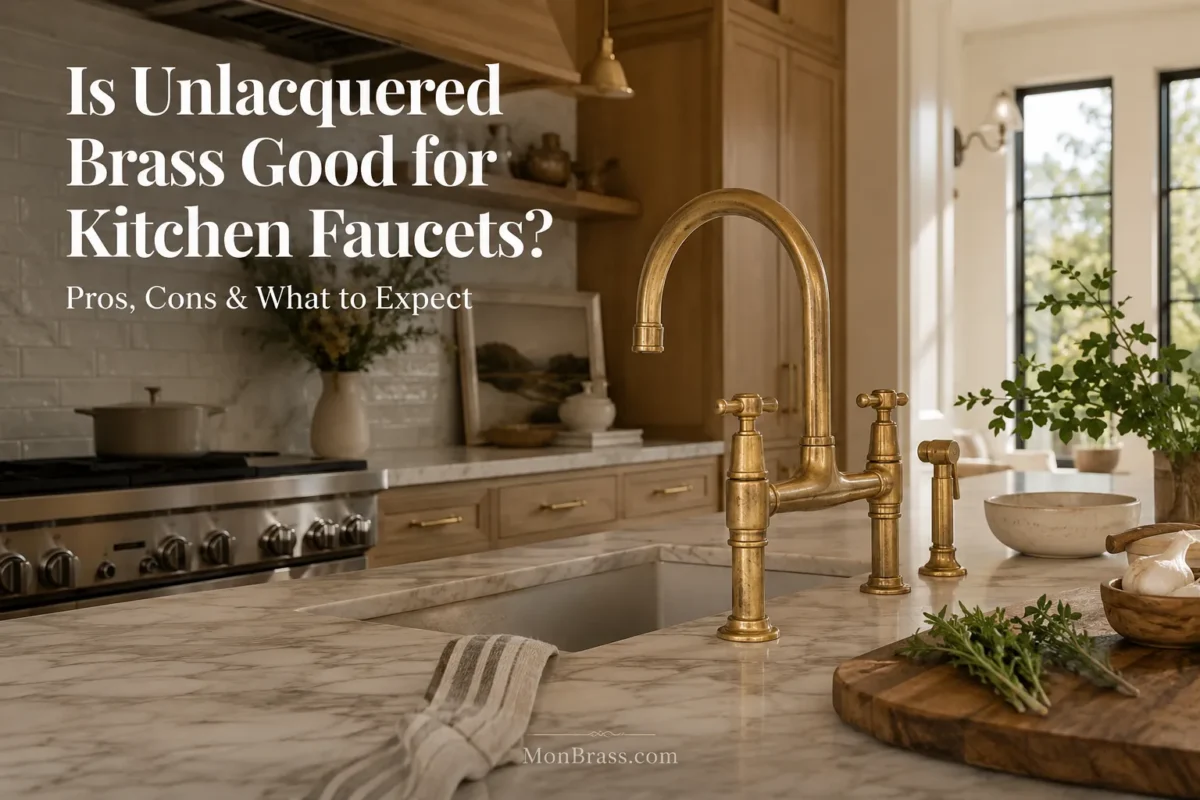Luxury kitchen featuring an unlacquered brass bridge faucet on a white marble island with warm wood cabinetry and natural light.