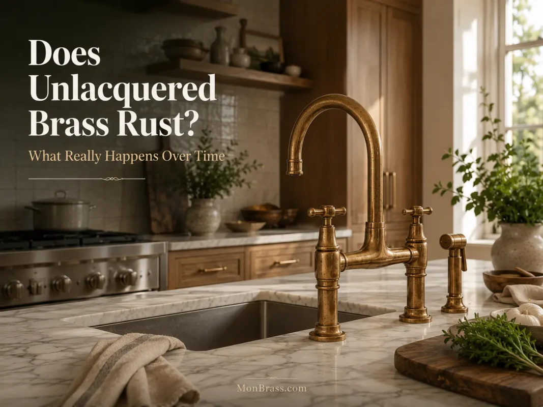 Luxury kitchen with an unlacquered brass bridge faucet on a marble countertop, illustrating how unlacquered brass naturally develops patina instead of rusting.