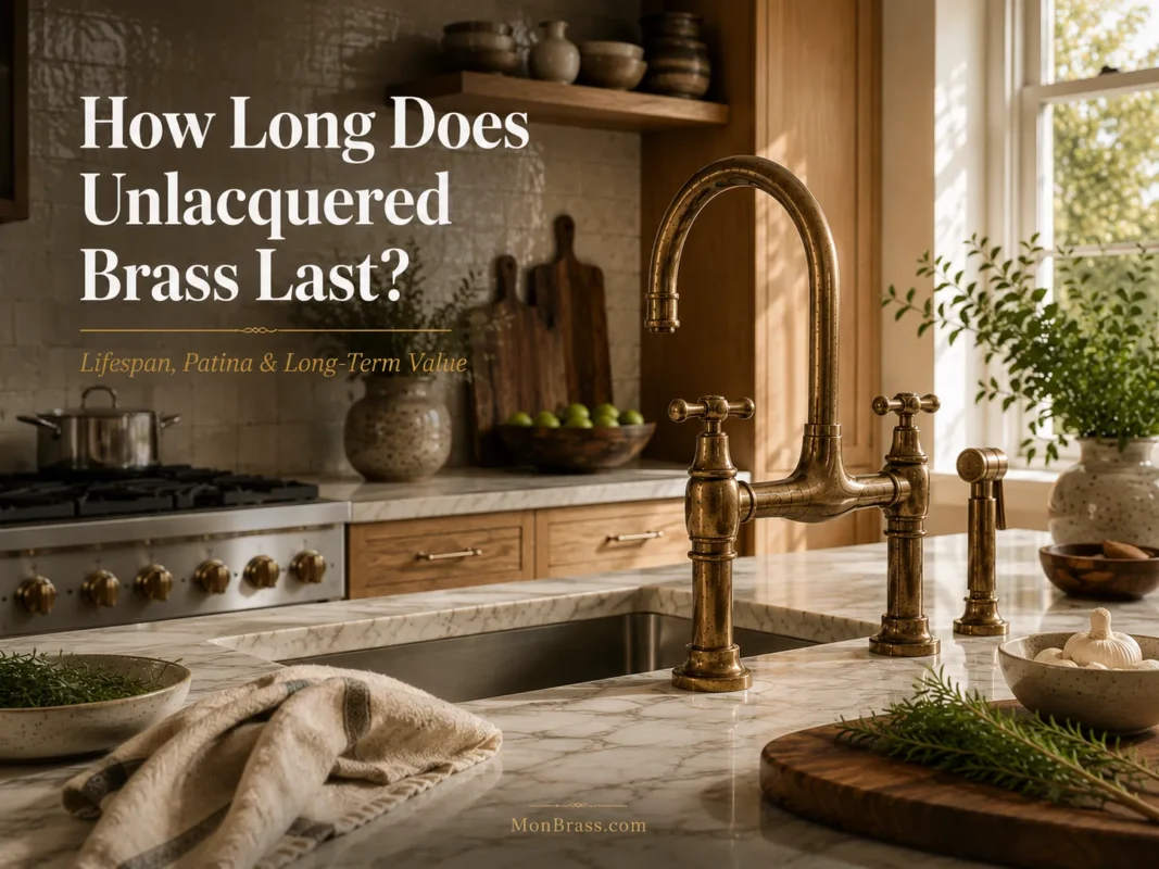 Luxury kitchen with an unlacquered brass bridge faucet on a marble countertop, illustrating the long lifespan and natural aging of solid brass fixtures.