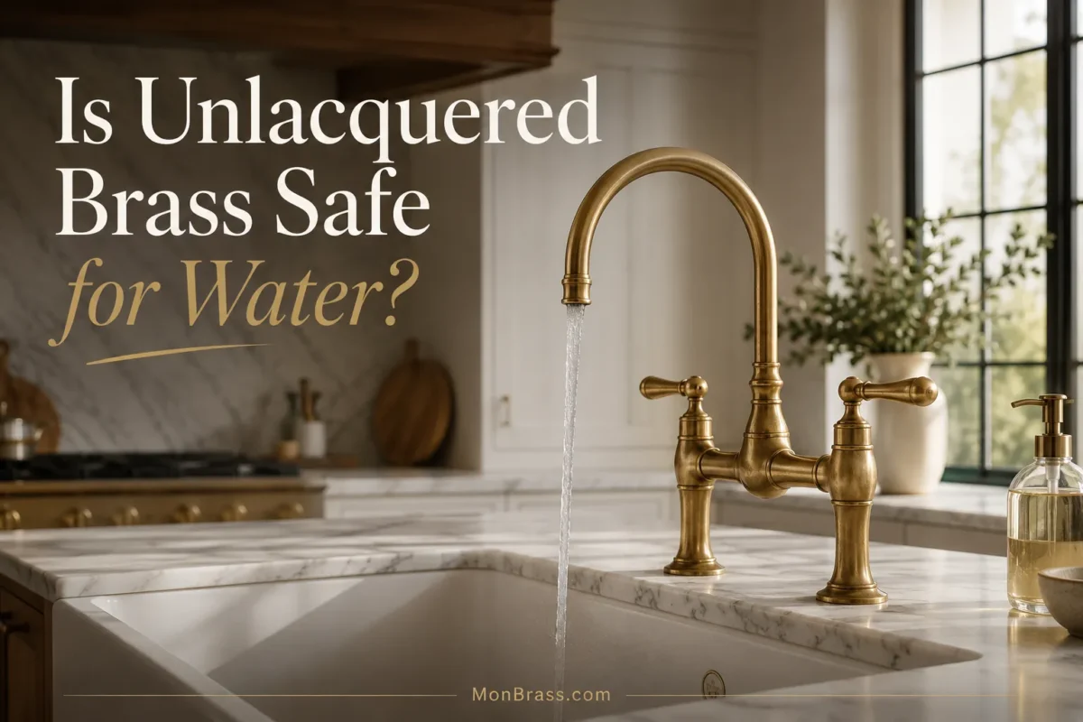 Unlacquered brass bridge kitchen faucet with running water on a marble countertop in a luxury kitchen, illustrating whether unlacquered brass is safe for drinking water and everyday use.